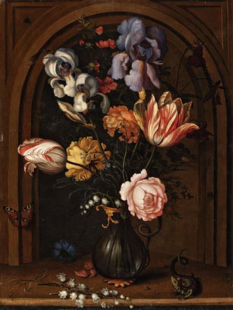 Balthasar van der Ast - Blumenvase vor einer Nische mit Schmetterling, Fliege, Libelle und Eidechse
