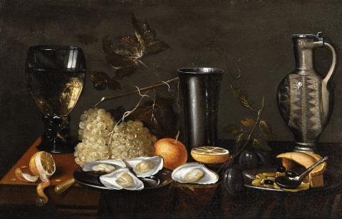Niederländischer Meister des 17. Jahrhunderts - Stillleben mit Römer und Tonkrug, Trauben, Zitrone und Austern