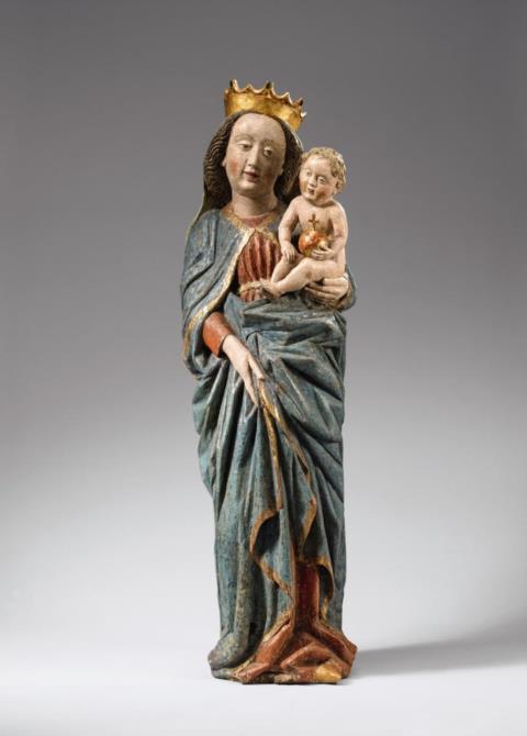  Central Rhine Region - A probably Central Rhenish carved wooden figure of the Virgin with Child, second half 15th century. Madonna mit Kind