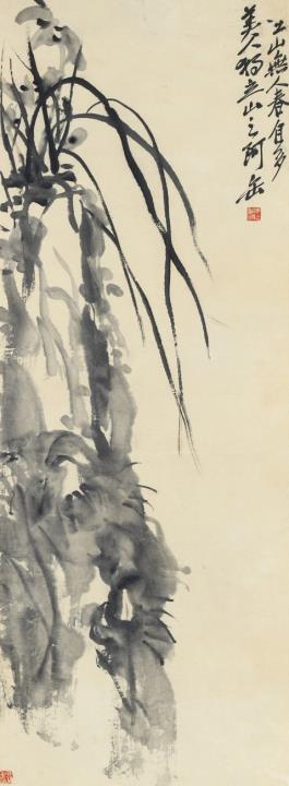 Changshuo Wu - Orchideen. Hängerolle. Tusche auf Papier. Aufschrift, sign.: Fou und Siegel: Anji Wu Jun Chang shi und ein weiteres.