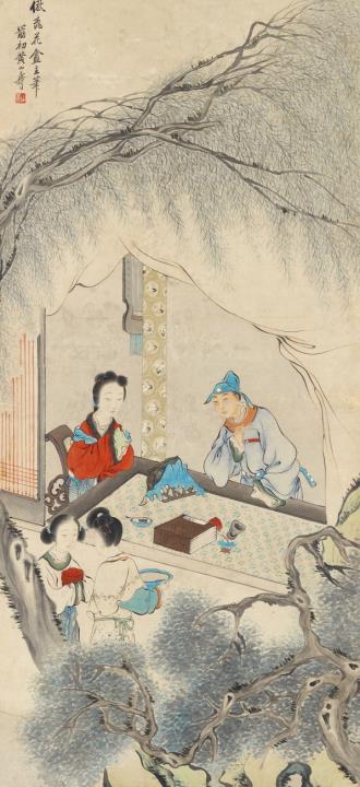 Shanshou Huang - Ehepaar, am Tisch sitzend. Hängerolle. Tusche und Farben auf Papier. Aufschrift, sign.: im Stil des Tao Hua'an, Xu chu Huang Shangou und Siegel: Shanshou.