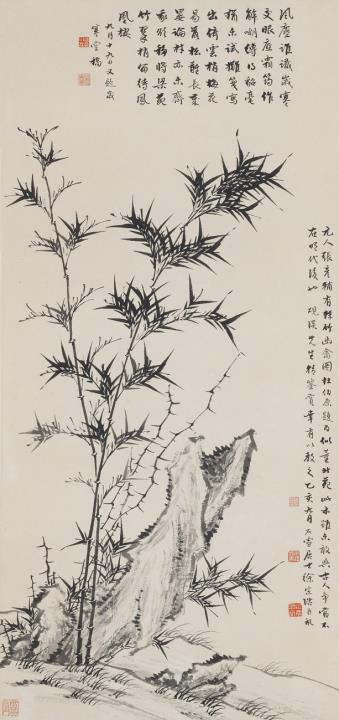Zonghao Xu - Bambus und Felsen. Hängerolle. Tusche auf Papier. Am rechten Rand Aufschrift, zyklisch datiert yihai (1935), sign.: Shixue jushi Xu Zonghao und Siegel: Shixue, Zonghao changshou...