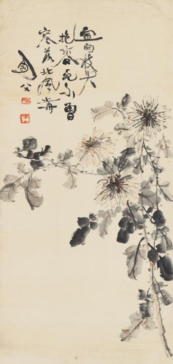 Jianfu Gao - Chrysanthemen. Hängerolle. Tusche und Farben auf Papier. Aufschrift, sign.: Jianfu, Siegel: Jianfu und ein Bildsiegel (Hund).