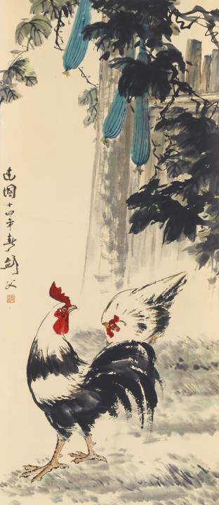 Jianfu Gao - Hahn und Henne unter Schlangenkürbis. Hängerolle. Tusche und Farben auf Papier. Aufschrift, datiert: Minguo 14. Jahr (1925), sign.: Jianfu und Siegel: Jianfu wu yang.