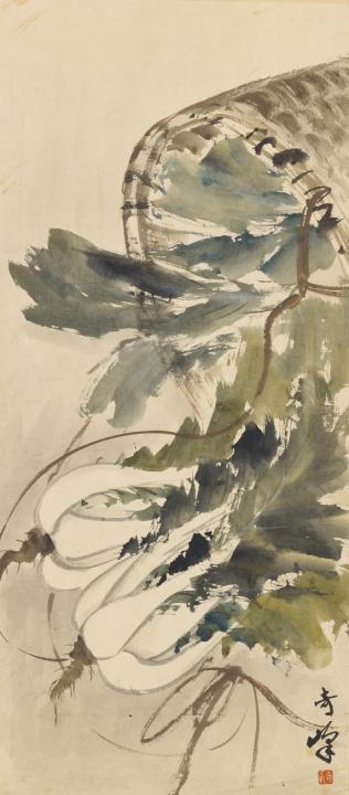 Qifeng Gao - Chinakohl und Korb. Hängerolle. Tusche und Farben auf Papier. Sign.: Qifeng und Siegel: Qifeng.