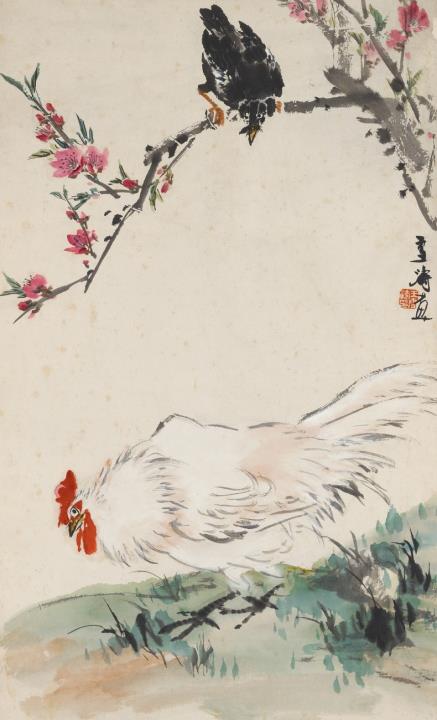 Xuetao Wang - Hahn unter Kischblütenast mit Mynah-Vogel. Hängerolle. Tusche und Farben auf Papier. Sign.: Xuetao und Siegel: Wang Xuetao yin.