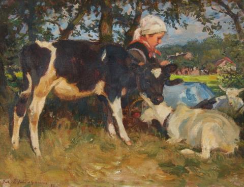 Julius Paul Junghanns - Young Girl Under a Tree With a Calf and Goats