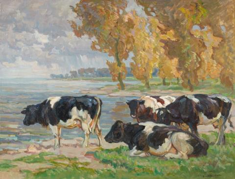 August Lüdecke-Cleve - Vier Kühe am Ufer