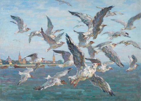 August Lüdecke-Cleve - Seagulls Flying over Emmerich