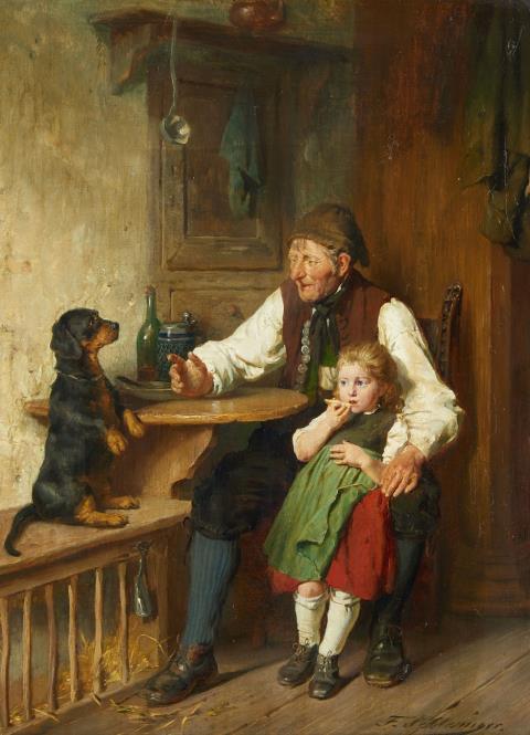 Felix Schlesinger - Ländliches Interieur mit Großvater, Enkelin und Hund