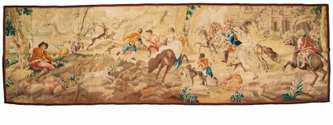  Aubusson - Fragment of a Louis XVI period Aubusson wool and silk tapestry with a stag hunt.
