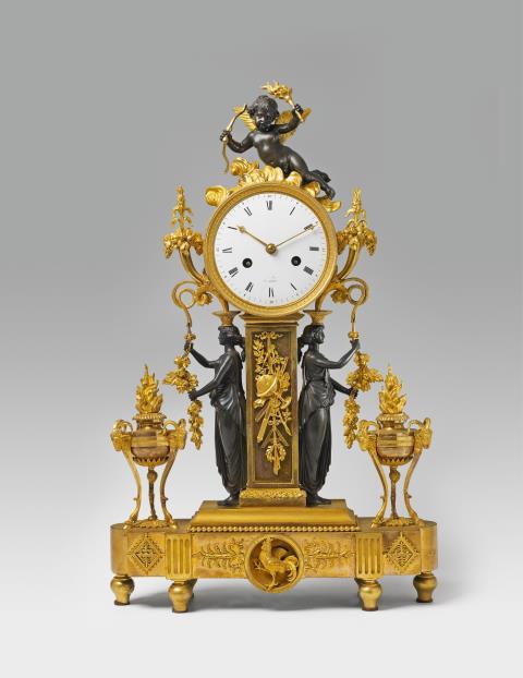 Pierre-Philippe Thomire - An ormolu pendulum clock flanked by burnished bronze karyatids.