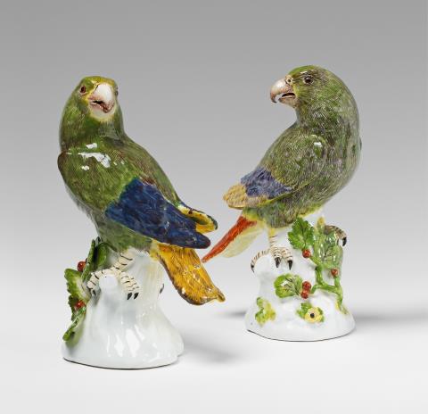 Two large, rare Meissen porcelain models of parrots.