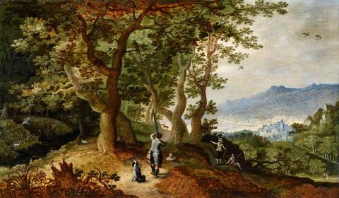 Gillis van Coninxloo III - Wooded Landscape with Hunters