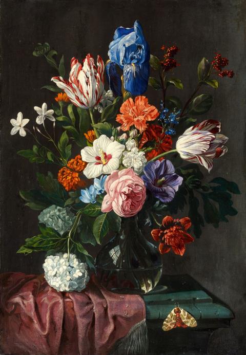 Niederländischer Meister des 17. Jahrhunderts - Blumenvase mit Tulpen, Iris, Rosen, Hortensien und einem Schmetterling