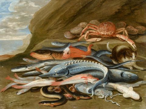 Jan van Kessel the Elder, attributed to - Still Life with Fish, a Crab and a Cat