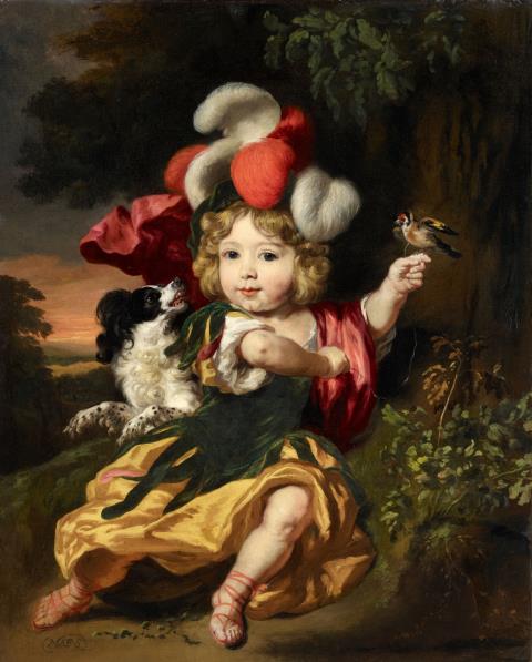 Nicolaes Maes - Bildnis eines Jungen mit Hund und Vogel