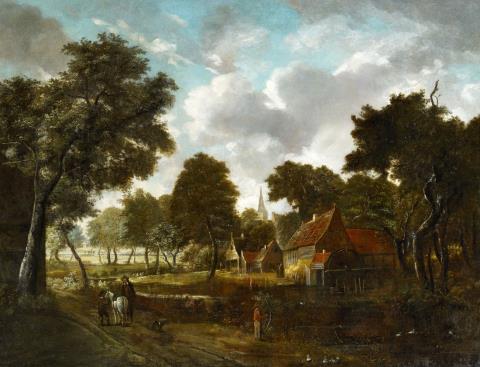 Meindert Hobbema - Watermill and Village in a Wooded Landscape