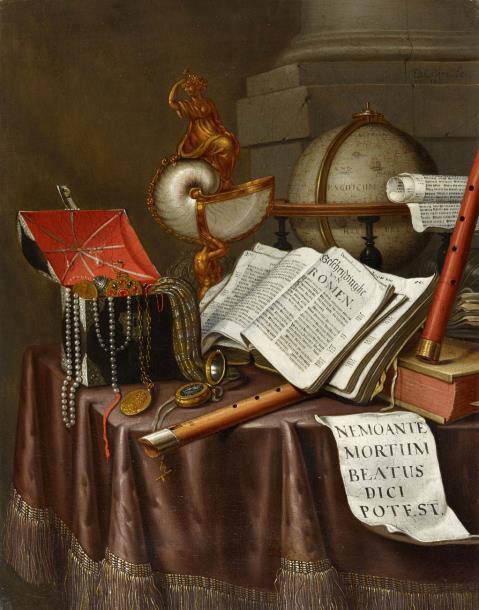 Edwaert Collier - Vanitas Still Life with Books, a Globe, Nautilus Chalice and Flutes