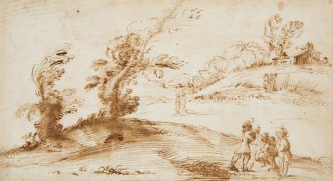  Bolognese School - Landscape with Trees, a Farm and Figures