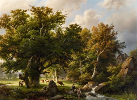 Barend Cornelis Koekkoek - Landschaft mit Bäumen und Kühen an einem Bach