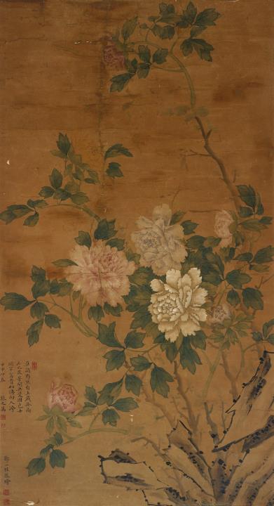 Zhiwan Zhang - Flowering peonies by a rock in the manner of Zou Yigui. Hanging scroll. Ink and colour on paper. Inscribed to the lower left border Zou Yigui and sealed Yigui. Inscription, date...
