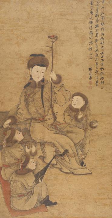 Unidentified painter - Unidentified painter. Mongolian woman, possibly the concubine Cai Wenji, playing the erhu accompanied by three boys. Ink and colour on paper. Inscription, signed Meimu (?) and t...