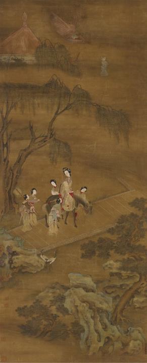 Qiu You - Palastdame mit fünf Begleitdamen auf dem Weg in den Palast. Hängerolle. Tusche und Farben auf Seide. Aufschrift, sign: Wang Zhen (?), fünf Siegel. Aufschrift am unteren rechten ...