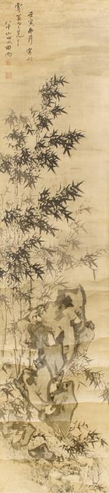  Unidentifizierter Künstler - Bambus und Felsen. Hängerolle. Tusche auf Satin. Aufschrift, zyklisch datiert renyin, sign.: Tianyu und Siegel: Tian Shiyu yin, Cui lü daoren.