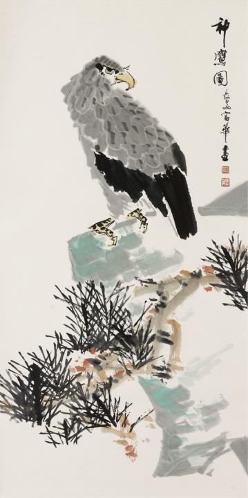 Hua Fu - Eagle on a rock. Hanging scroll. Ink and colour on paper. Inscription, signed Changbai shan Fu Hua and sealed Chang Bai and Fu Hua.