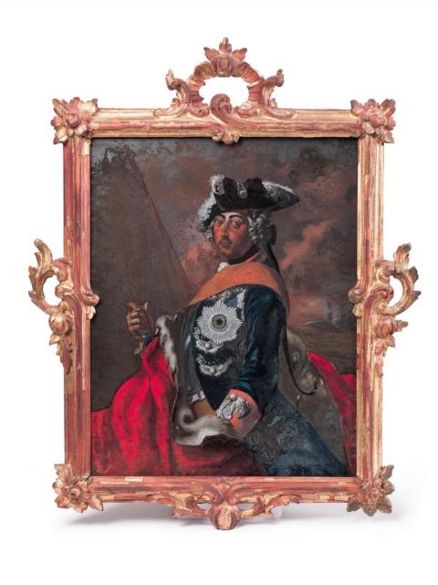 Johann Mathäus Bauhof - A reverse glass portrait of Frederick II in a giltwood frame