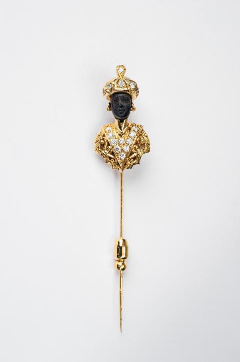 A Venetian 18k gold, ebony and diamond moretto tie pin by Nardi
