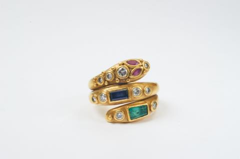 Falko Marx - An 18k gold, diamond and coloured stone snake ring by Falko Marx, Cologne
