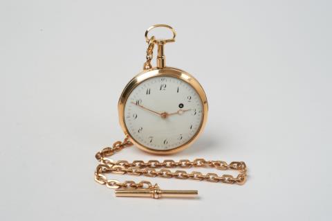  Charlemont - A gold openface pocketwatch with verge escapement and repetition,. attached a Russian 14k gold chain