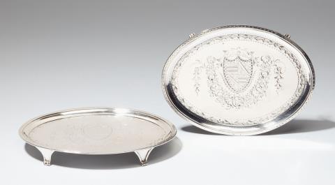 Elizabeth Jones - A pair of George III London silver salvers. Engraved with crests. Marks of Elizabeth Jones, 1784.