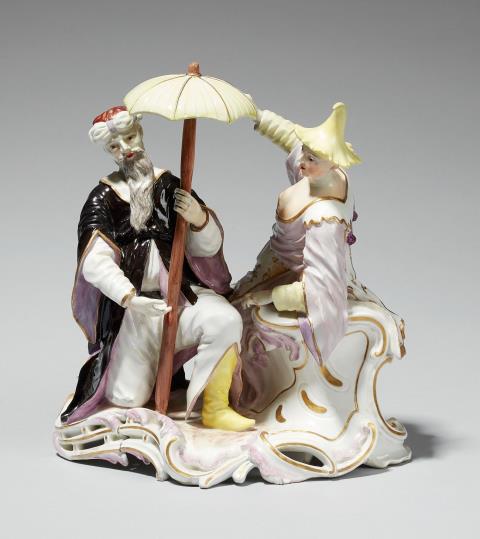 Porcelain Manufacture Frankenthal - A rare Frankenthal porcelain group of two Chinese figures under a parasol