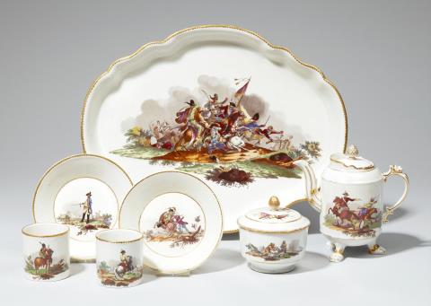 A Ludwigsburg porcelain tête à tête with military scenes