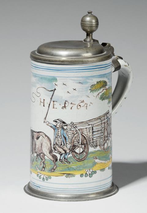  Ansbach - A pewter-mounted Crailsheim faience "walzenkrug" tankard