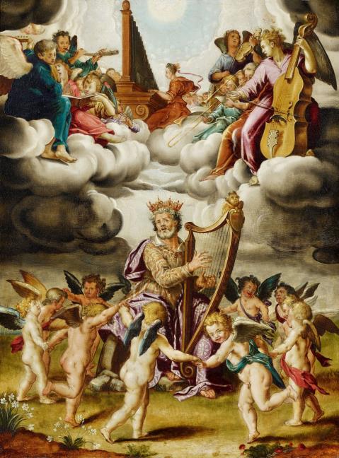 Peter Candid - König David mit Harfe und musizierenden Engeln