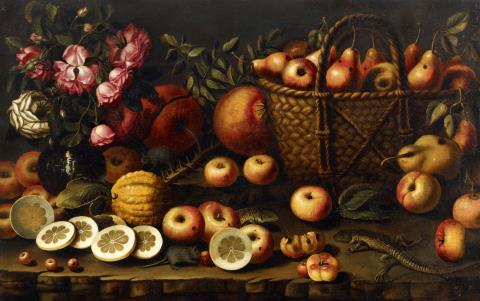 Spanischer Meister des frühen 17. Jahrhunderts - Stillleben mit Rosen, Früchten und einer Eidechse