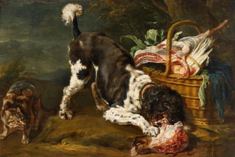 Paul de Vos - Hund und Katze an einem Vorratskorb mit Fleisch, Spargel und Artischocke