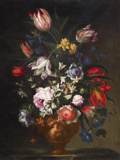 Francesco Caldei called Mantovano - Flowers in an antiquelike Relief Vase