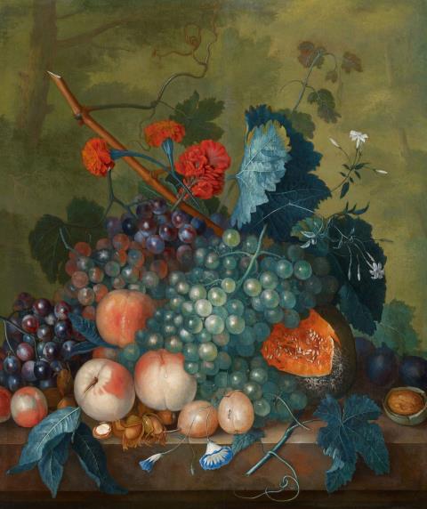 Jacob van Huysum - Früchtestillleben mit Melone, Trauben, Pflaumen und Haselnüssen
