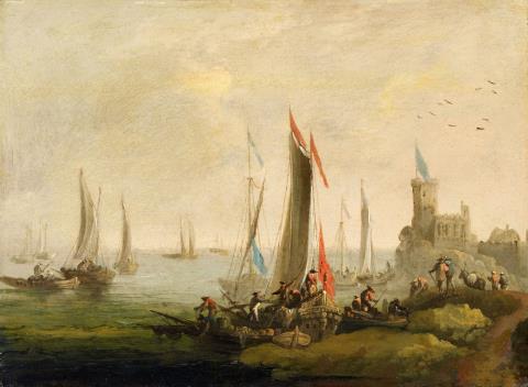 Norbert Joseph Carl Grund - Sailing Ships Landing beneath a Fortress
