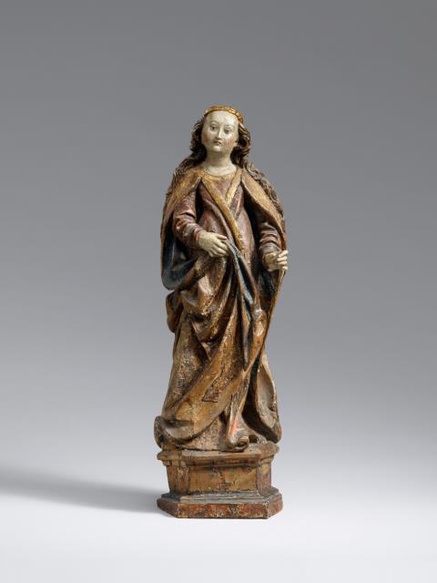 Bavaria circa 1500 - A Bavarian carved limewood figure of a female saint, circa 1500.