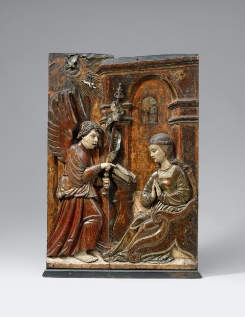 Probably Bavaria circa 1530 - A Bavarian carved wood relief of the annunciation, circa 1530