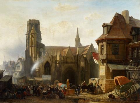 Albert Schwendy - Jahrmarkt vor einer gotischen Kirche in Frankreich