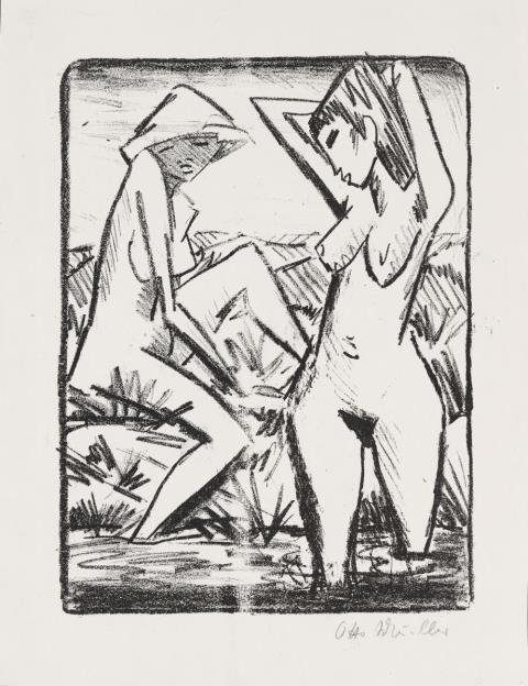 Otto Mueller - Im Wasser stehendes und am Ufer sitzendes Mädchen mit Hut (Mädchen im Bade)