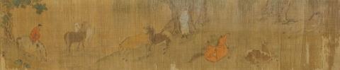 Mengfu Zhao - Eight Horses of Emperor Mu Wang in the manner of Zhao Mengfu. Horizontal scroll. Ink and colour on silk. Inscribed Zi'ang. Qing dynasty.