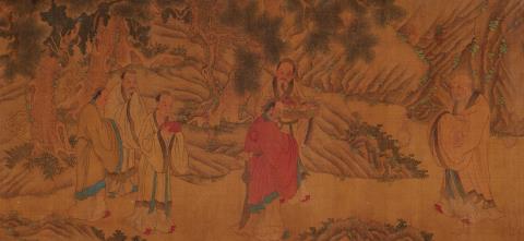 Various artists
Liu Songnian, in the manner of, and - Three horizontal scrolls. Ink and colour on paper and silk. a) Daoist figures. Inscribed Songnian and sealed. b) Six round fan paintings mounted on a scroll. c) People from dist...